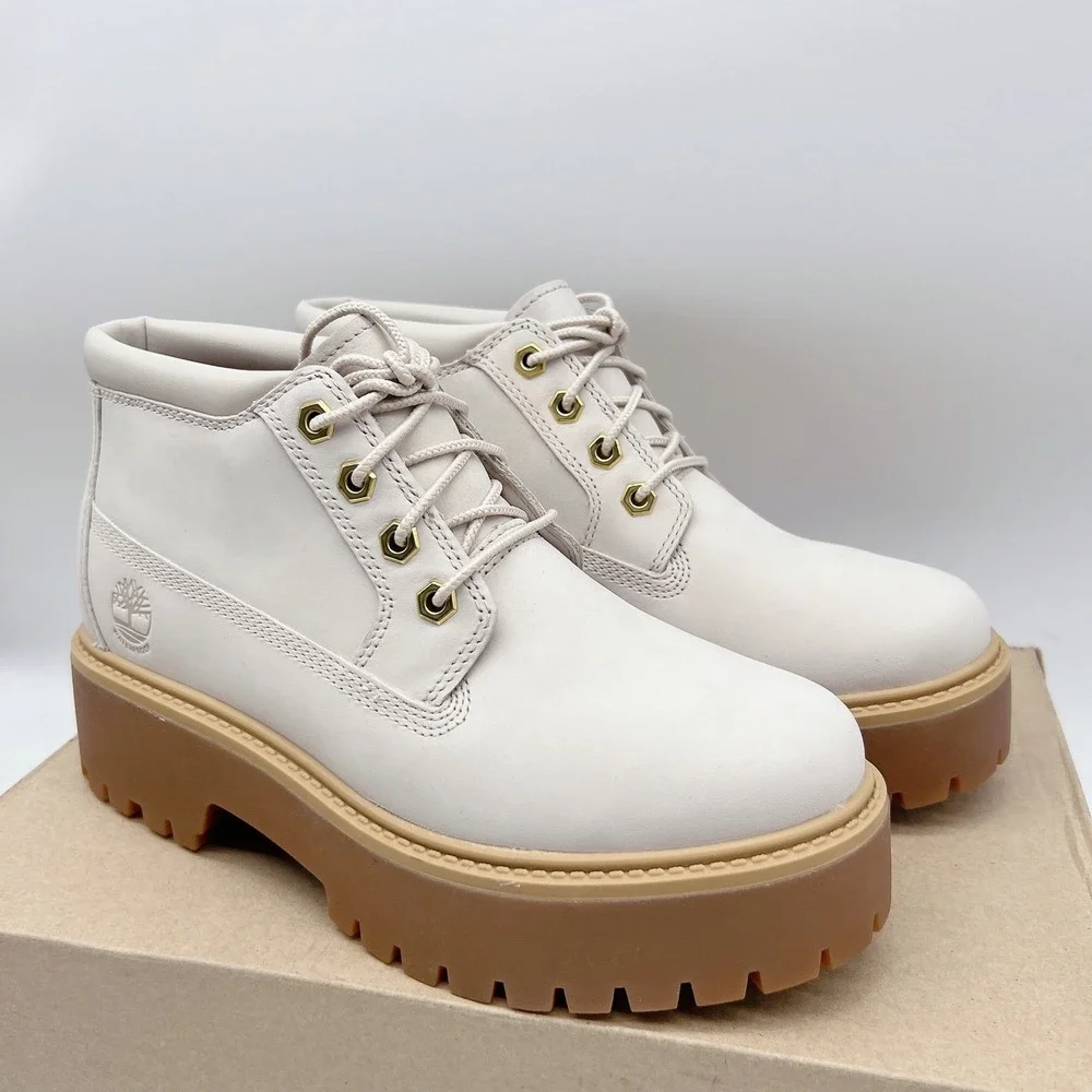 Timberland Stone Street Platform Mid Waterproof Chukka Boots White Nubuck US 7