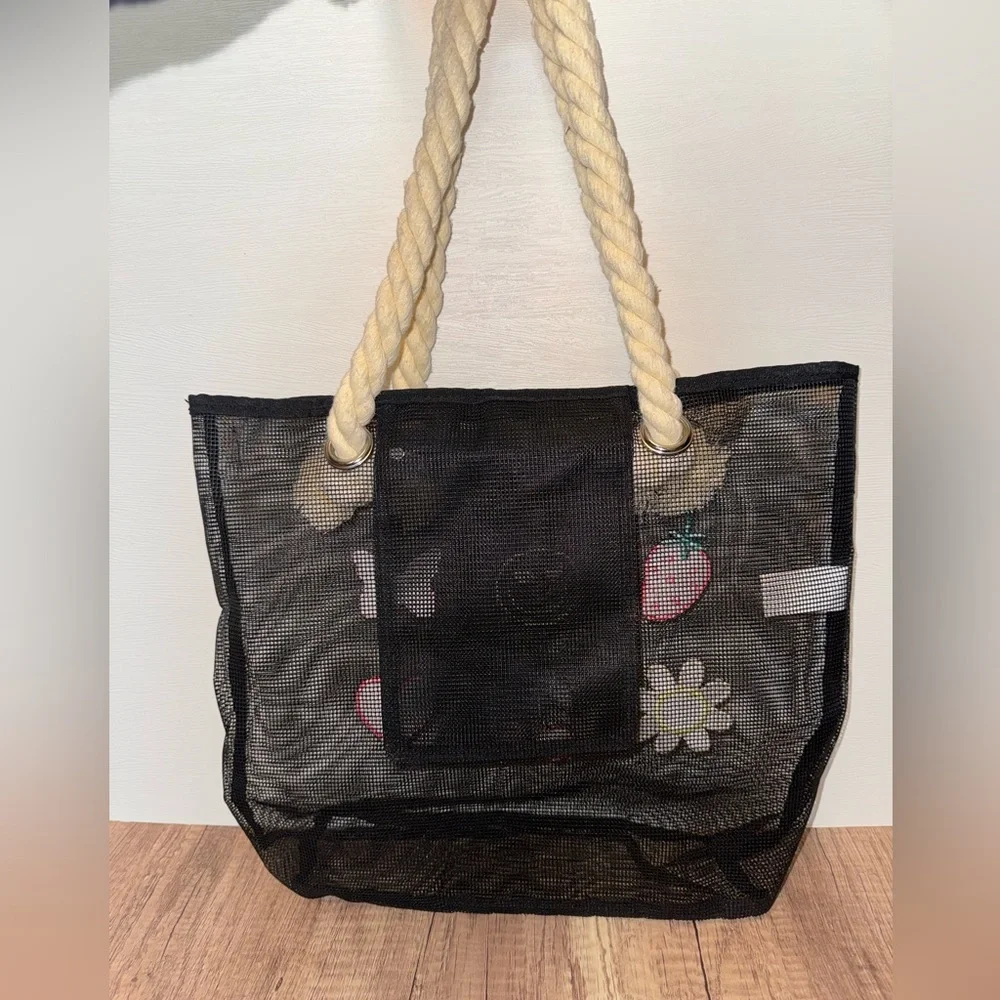 Y2K Mesh Beach Tote Strawberry Cherry Smiley Bag Beachcore Vacation Resortwear