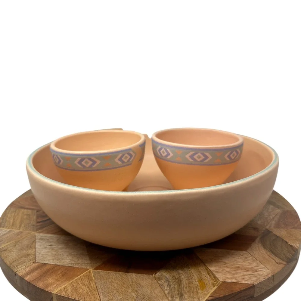 Treasure Craft Southwestern Chip and Dip Set Peach Teal Geometric 3pc Made USA
