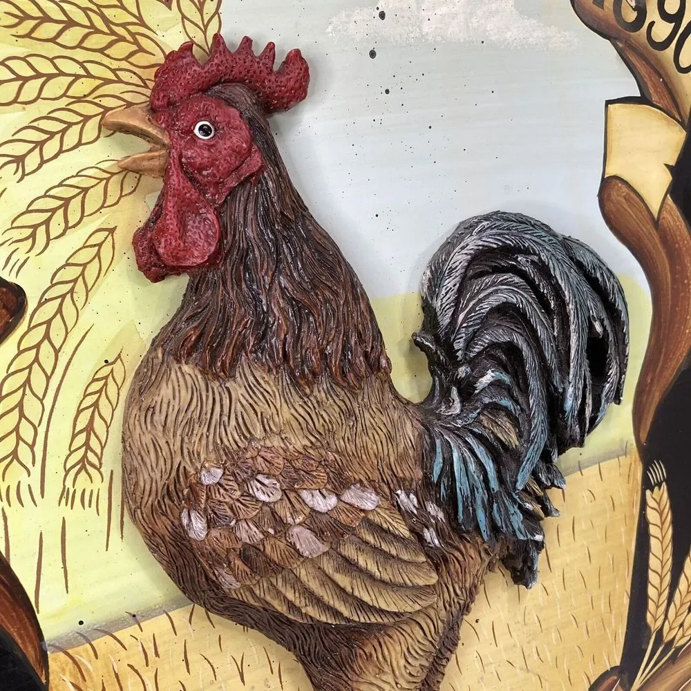 Vtg Large Wood‎ Rooster Chicken Picture Plaque w Raised Resin Rooster 26.5x17