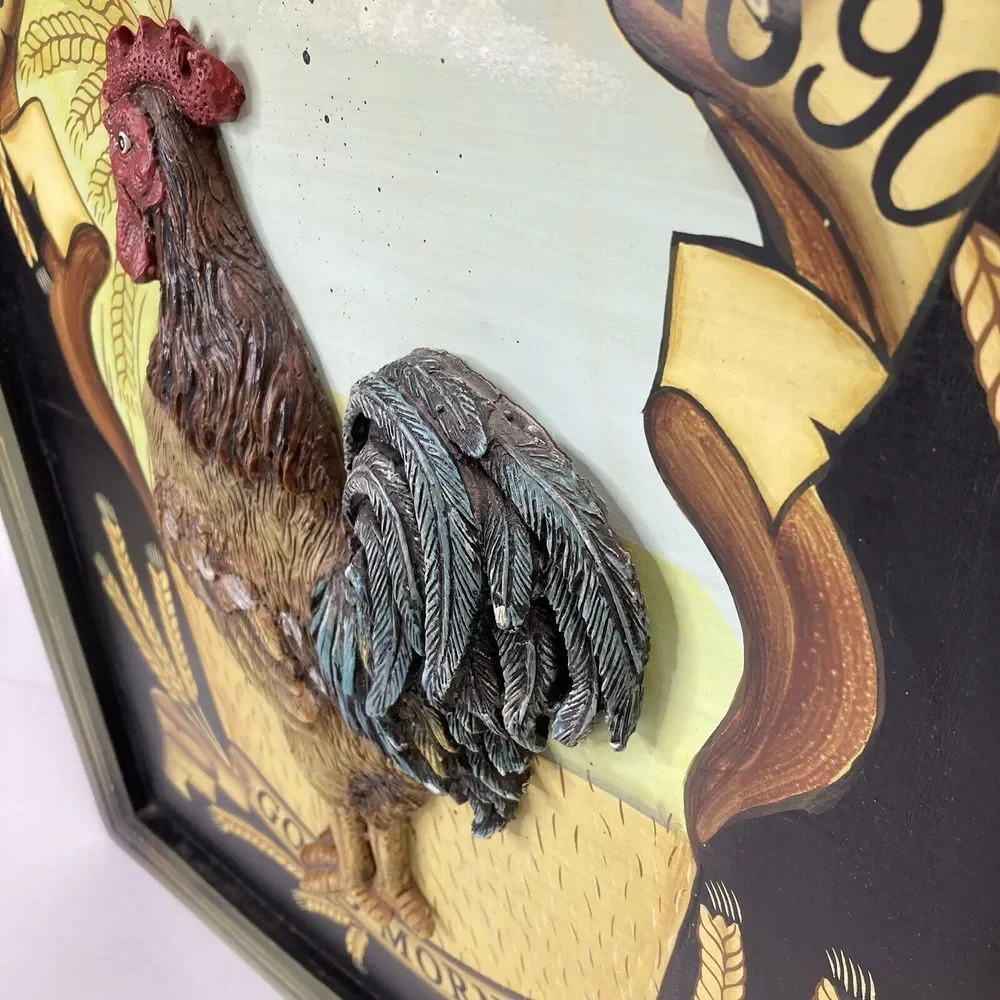 Vtg Large Wood‎ Rooster Chicken Picture Plaque w Raised Resin Rooster 26.5x17