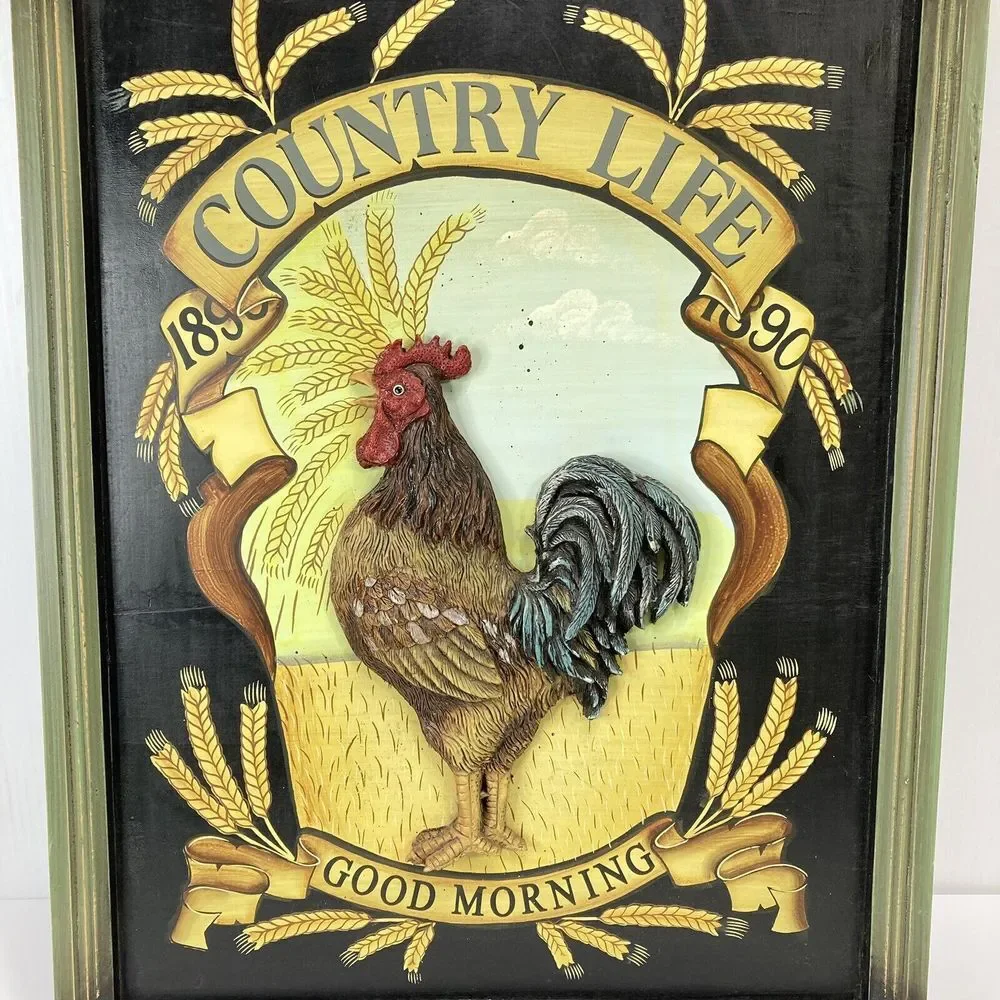 Vtg Large Wood‎ Rooster Chicken Picture Plaque w Raised Resin Rooster 26.5x17