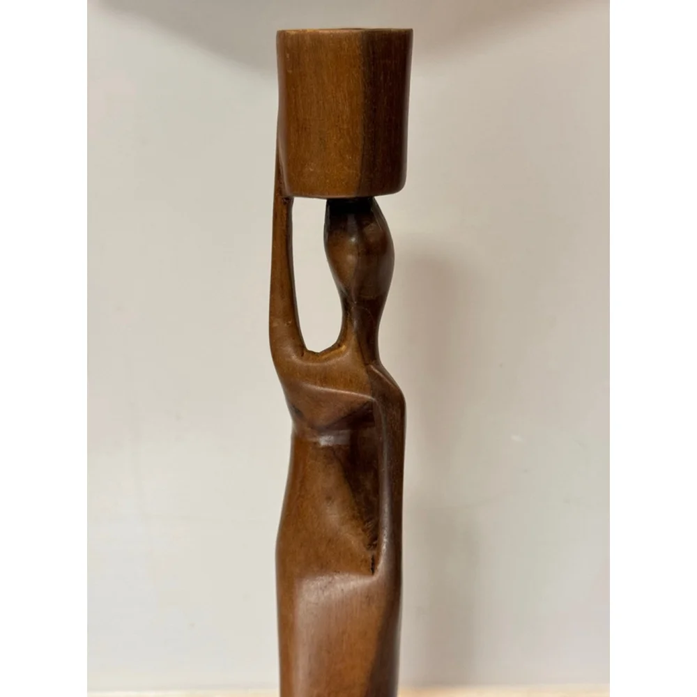Vintage Mid Century Hand Carved Wooden Female Figure Candle Holder African 17”