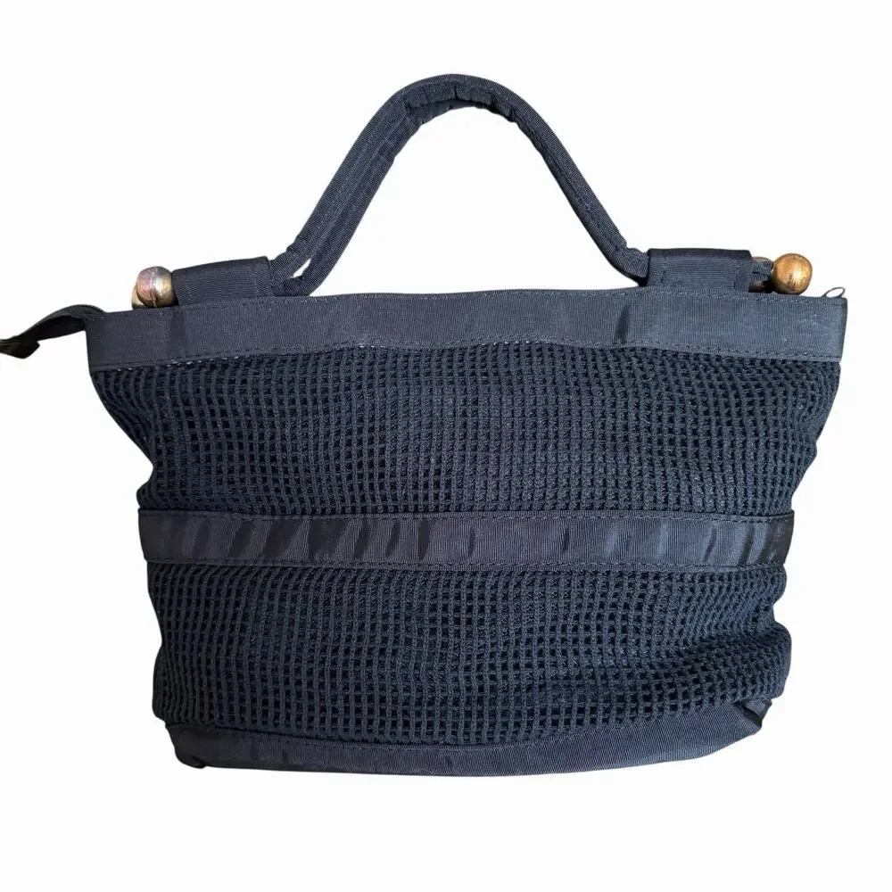Japanese Black Nylon Open Weave Satchel Top Handle Gold Studded Made in Japan