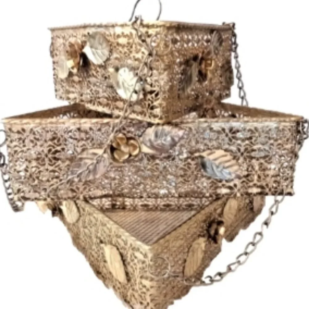 Vintage Hollywood Regency Gold Metal Wire Hanging Baskets 3 Tier
