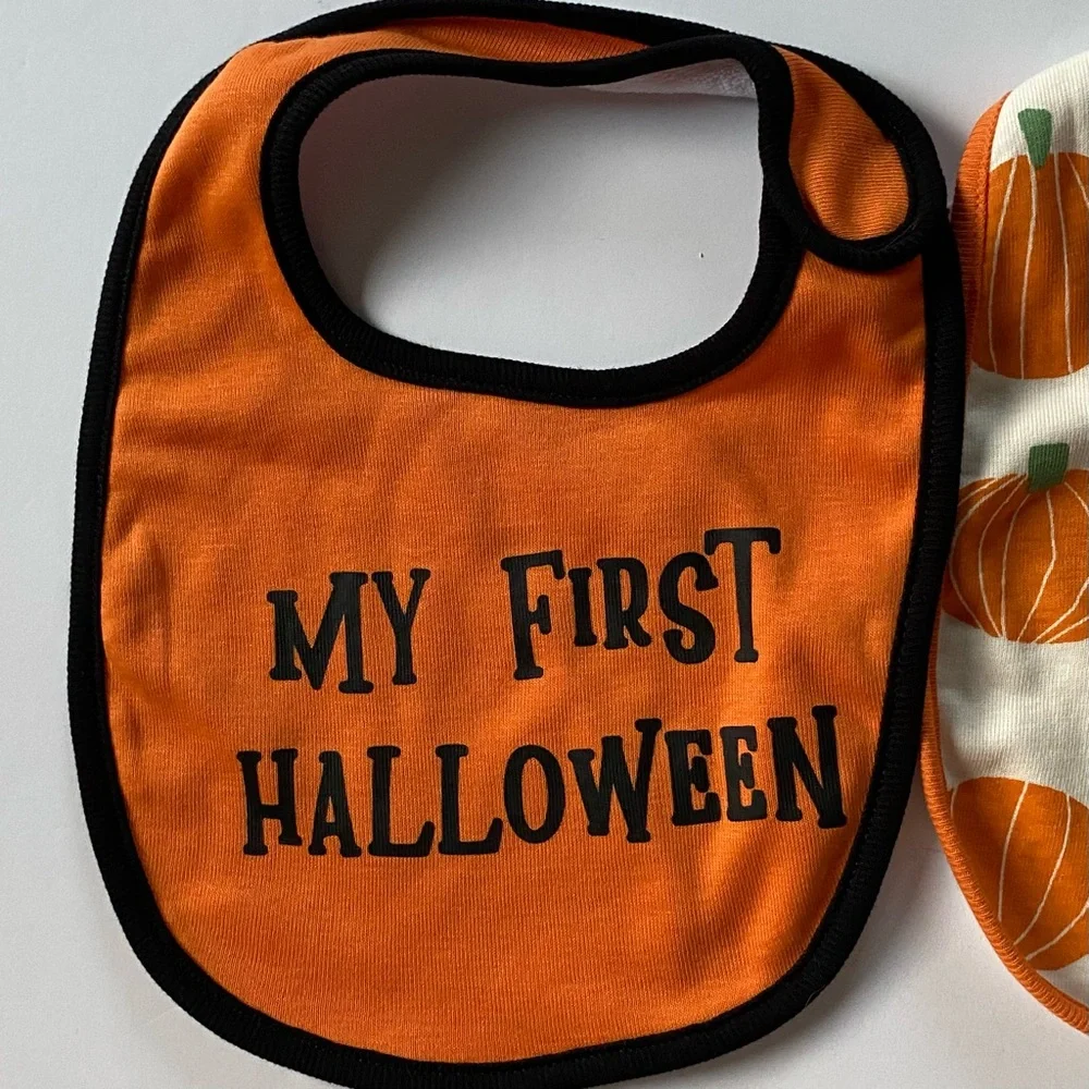 New 2 pack My First Halloween Baby Bibs Pumpkins Happy Halloween Orange NWT