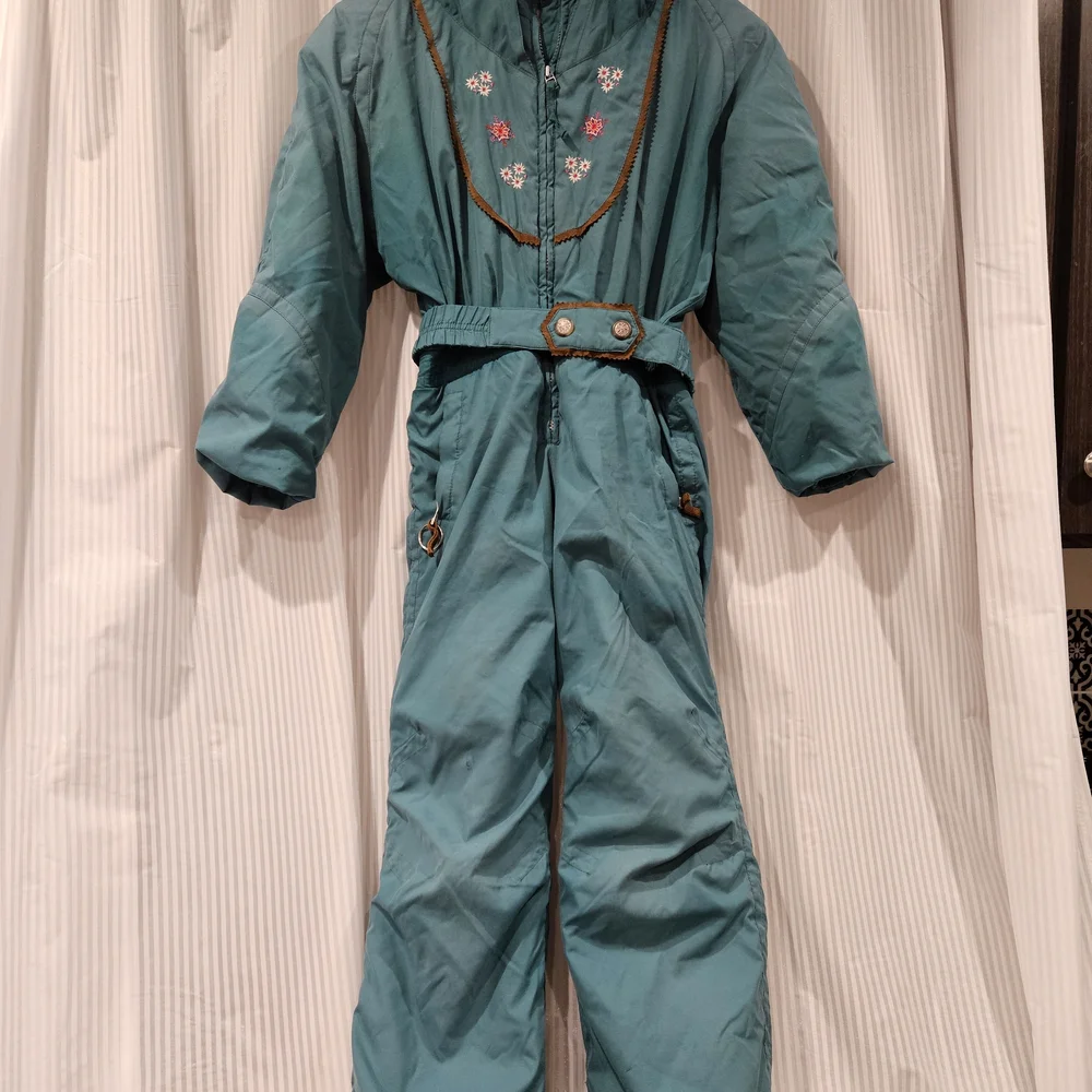 Vintage Obermeyer Girls (8) Teal Snowsuit with Red Embroidery