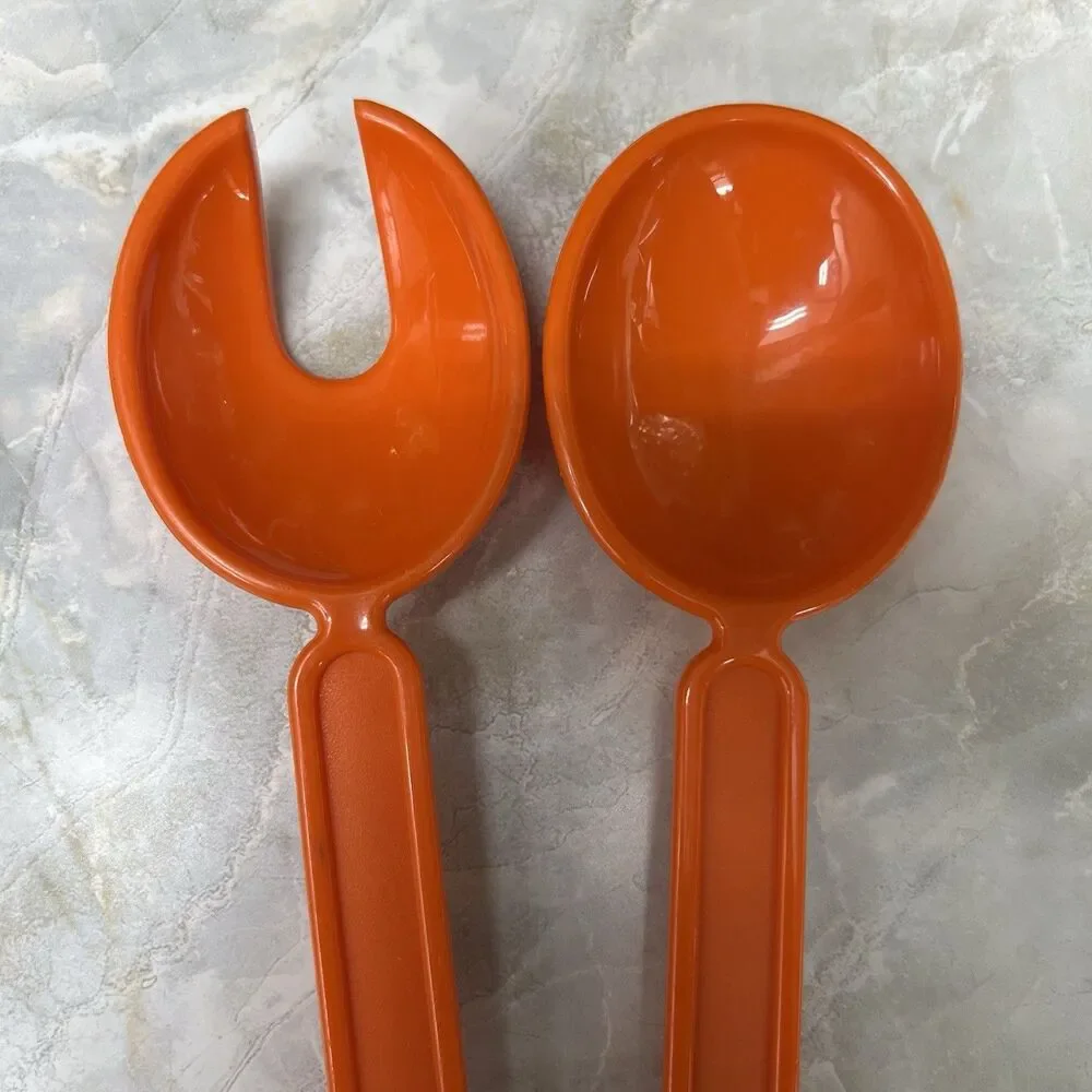VINTAGE 1970s MCM Salad Serving Utensils Orange Melamine Spoon Slotted Fork