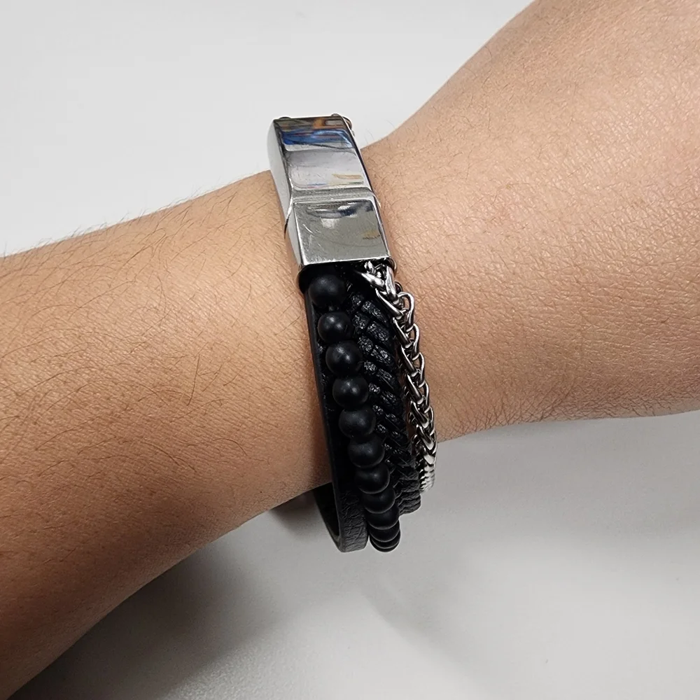 Multi-Strand Stainless Steel & Black Braided Beaded Faux Leather Bracelet Unisex