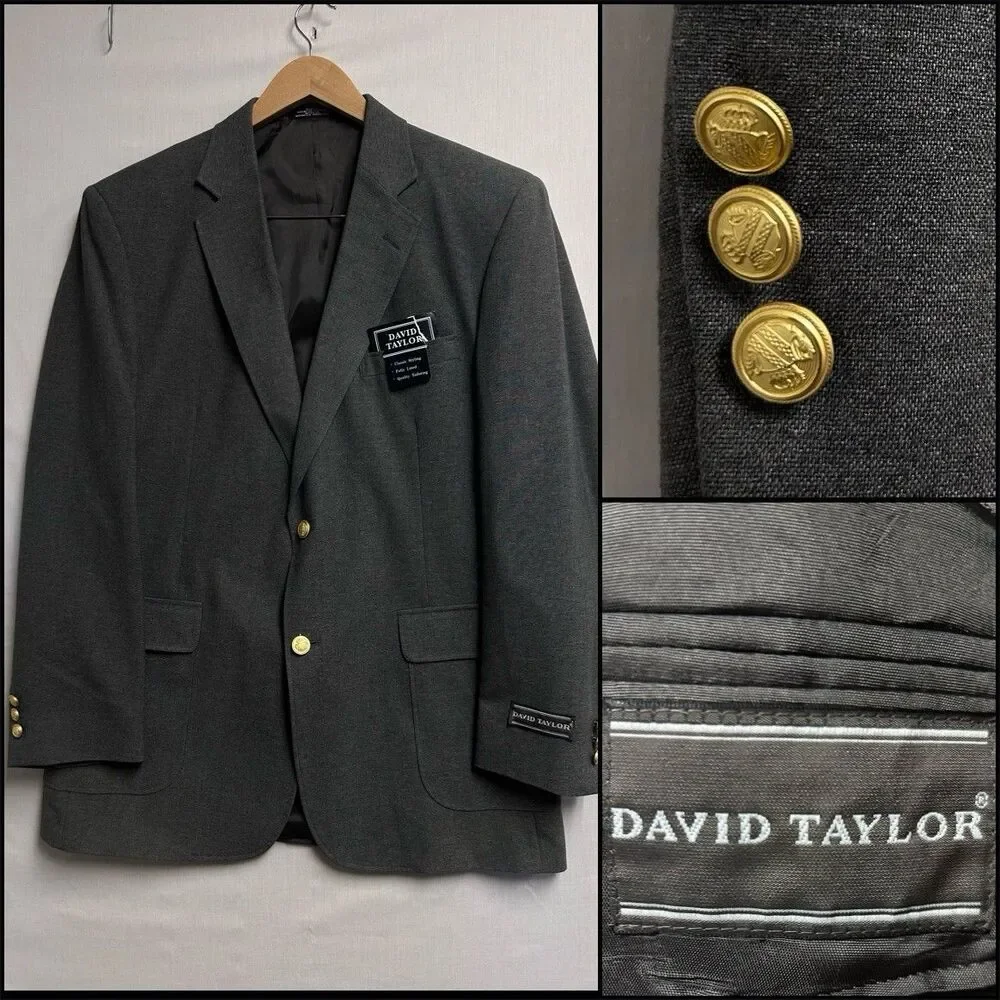 David Taylor Blazer Charcoal Grey Gold Button Single Vented Mens 42L NWT