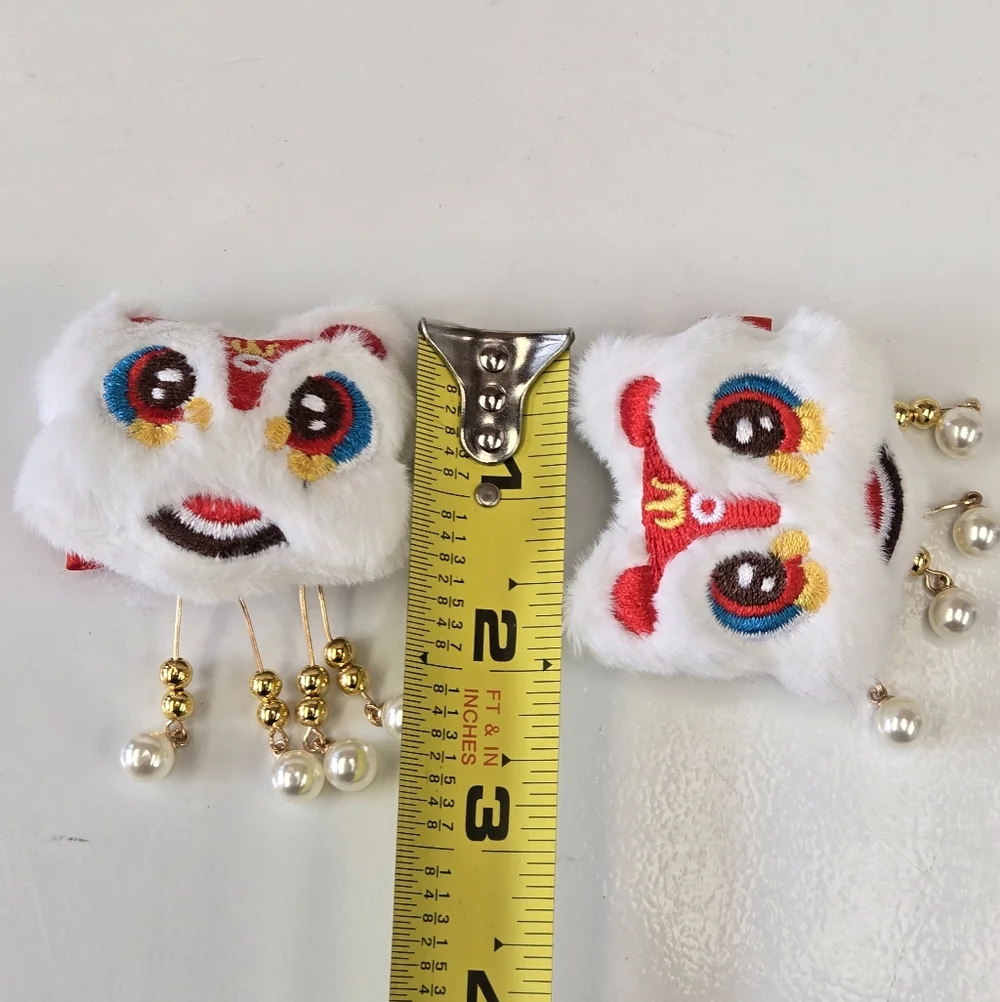 2 White Furry Lion Head Hair Clips with Pearls