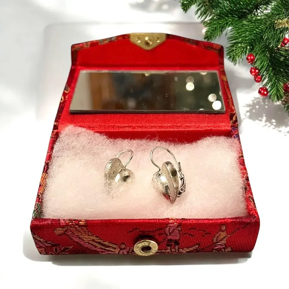 Vintage Sterling Silver Puffy Heart Drop Earrings - Thailand