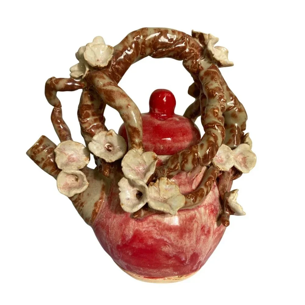 Signed Art Pottery Plum Or Cherry Blossom Arching Branch Teapot