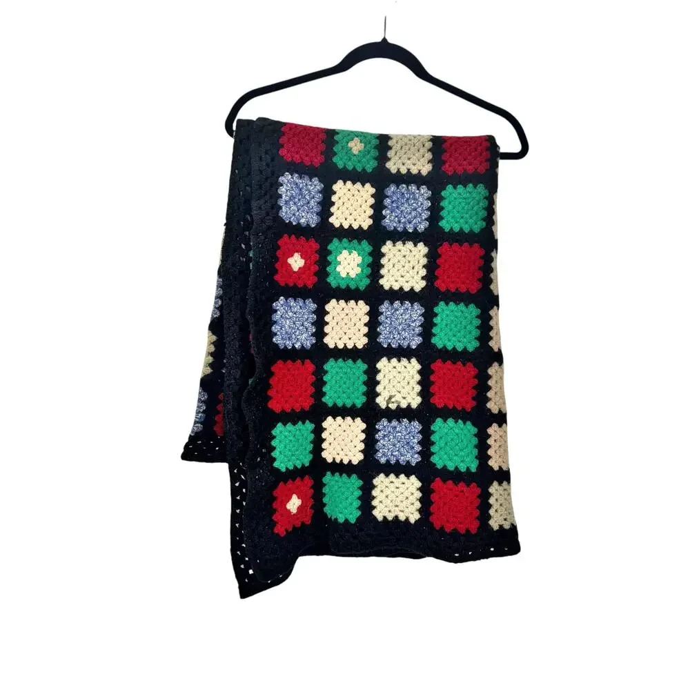 Vintage Granny Square Handmade Afghan Knitted Throw Blanket Multicolor 32”x43”