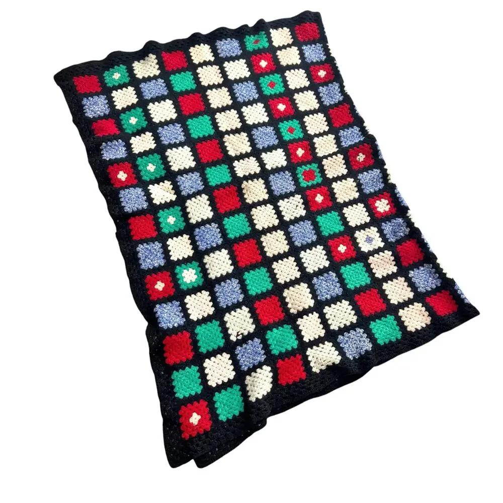 Vintage Granny Square Handmade Afghan Knitted Throw Blanket Multicolor 32”x43”
