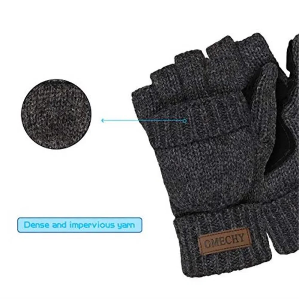 Winter Gloves Men Women Fingerless Mittens Convertible Wool Knitted Warm Thermal