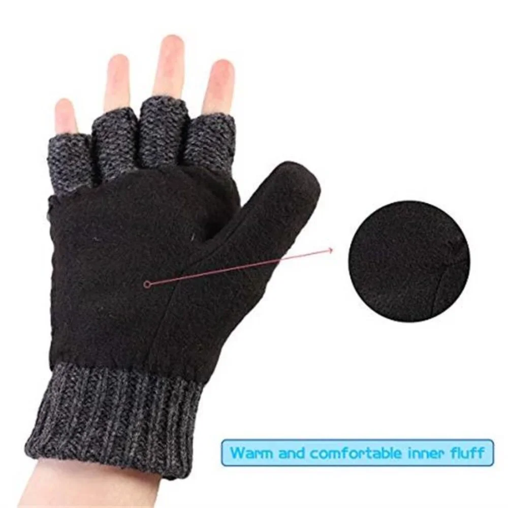 Winter Gloves Men Women Fingerless Mittens Convertible Wool Knitted Warm Thermal