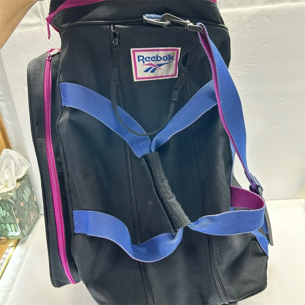 Reebok Vintage Duffle Gym Travel Bag Black Blue Straps Pink Zippers Mesh 90s