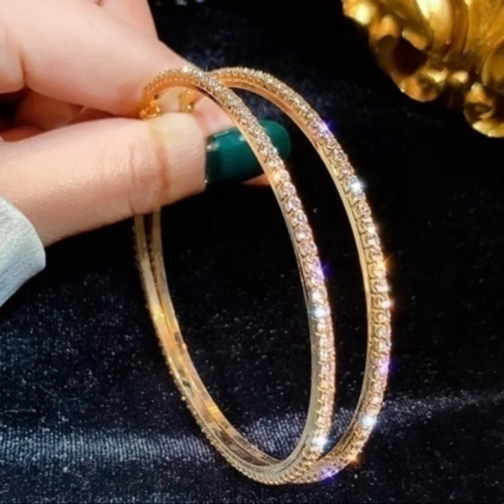 Yellow Gold CZ Pave Stone Large Hoops Hoop Earrings