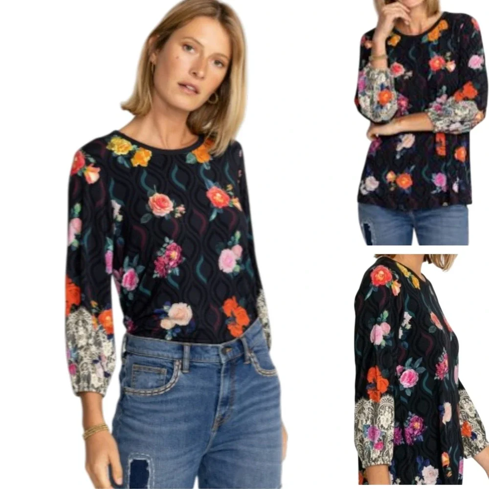 Johnny Was Floral Lace Cuff Long Sleeve Top Black Rose Geometric M18223-6 XS