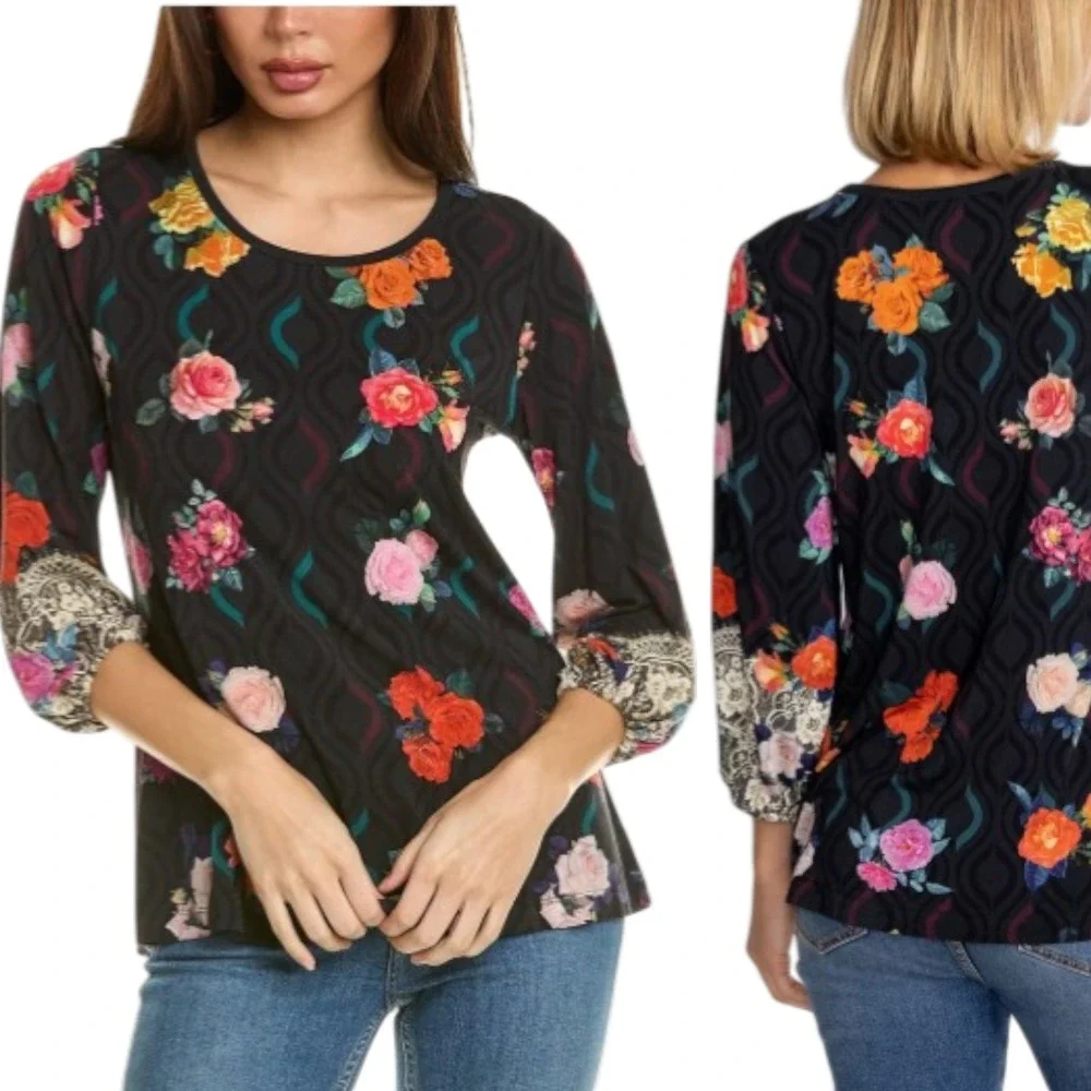 Johnny Was Floral Lace Cuff Long Sleeve Top Black Rose Geometric M18223-6 XS