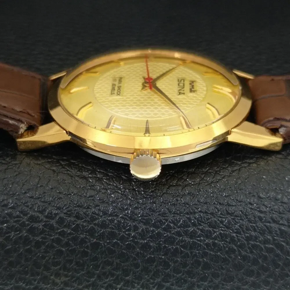 Vintage 1987 HMT Manual Wound Mens Gold Watch & Red accents