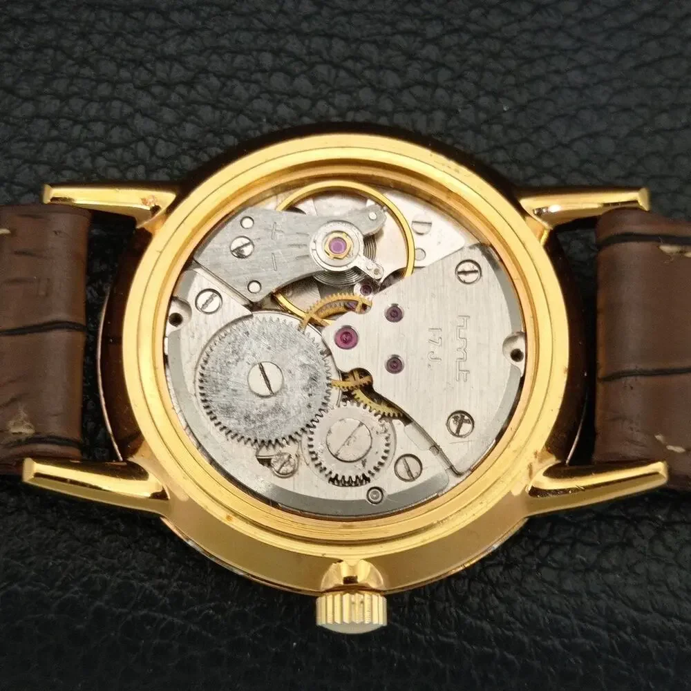 Vintage 1987 HMT Manual Wound Mens Gold Watch & Red accents