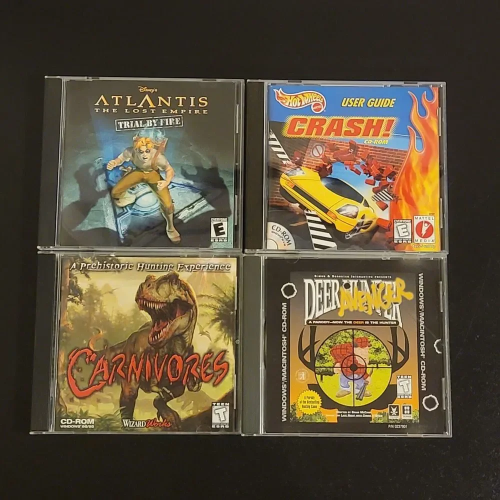 VTG PC CD-Rom 4‎ Games Carnivores / Atlantis / Deer Hunter / Hot Wheels Crash