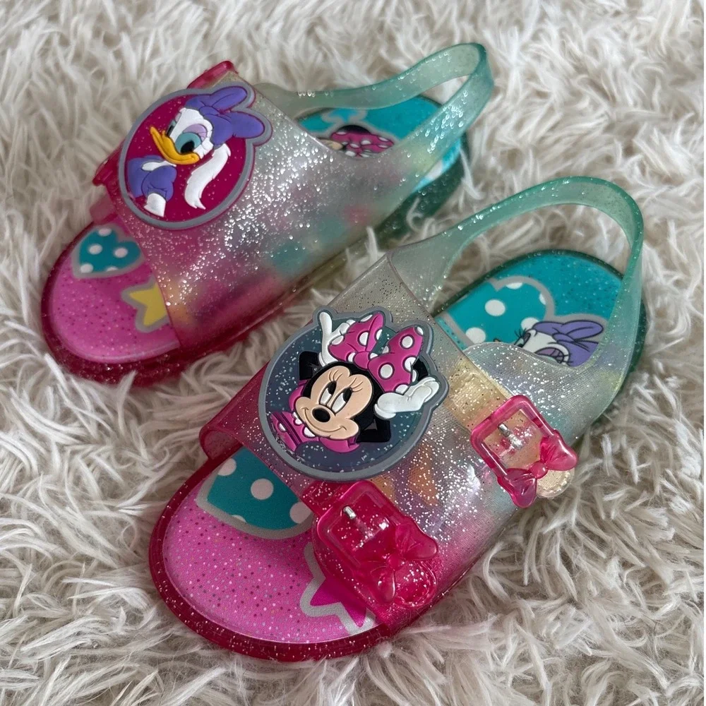 Kids Disney Minnie Mouse Daisy Duck Jelly Sandals Glitter Pink Aqua Size 11 NWOT