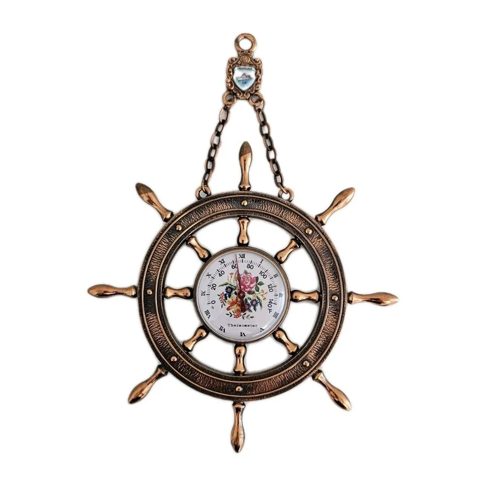 VTG Decorative Ship's Wheel Thermometer with Floral Dial and 