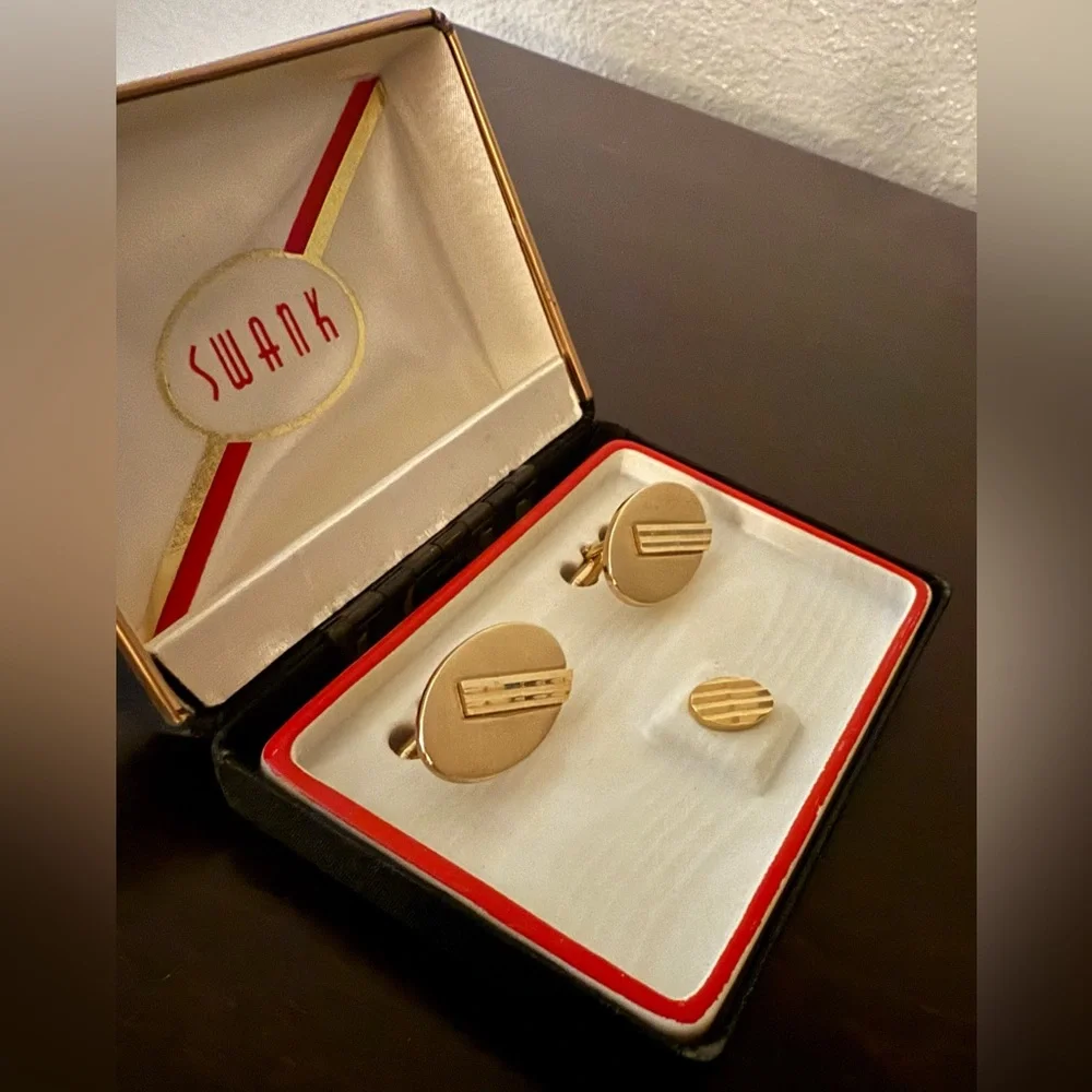 Vintage SWANK Deluxe Cufflinks & Tie Pin Set | Gold Tone | Original Box | NIB