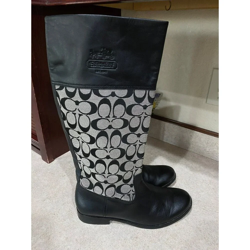 Coach Chrissi Black & Signature Canvas Riding Boots Womens Size 9.5