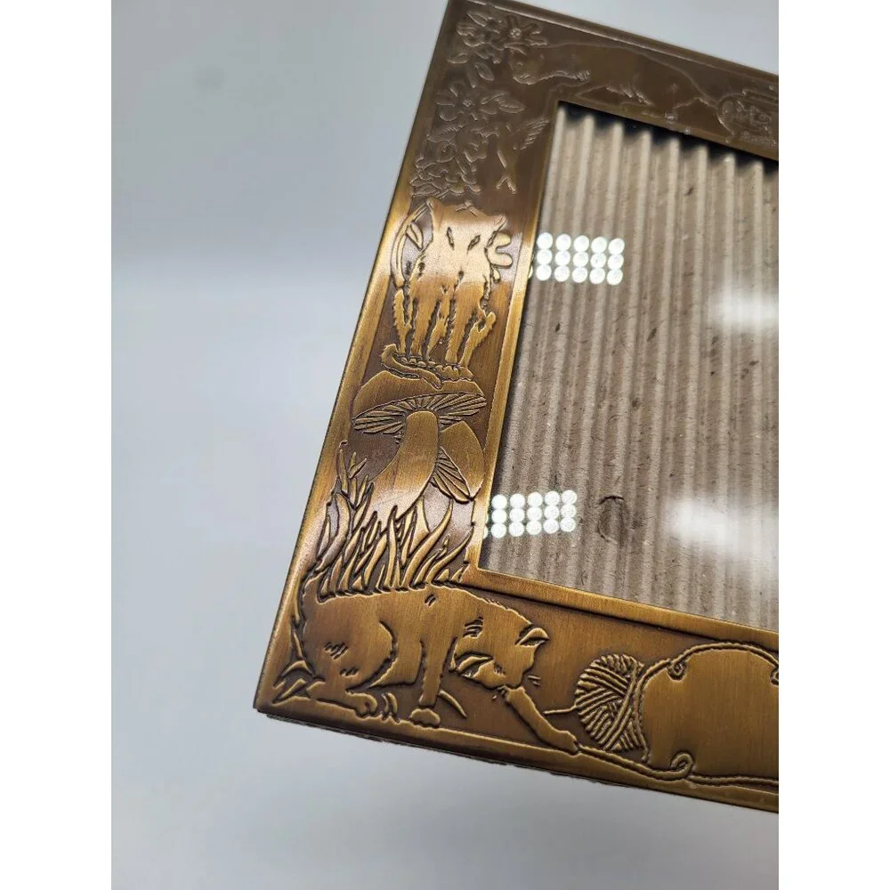 Vintage Brass Photo Frame Cats Mushrooms Floral Art Nouveau 3