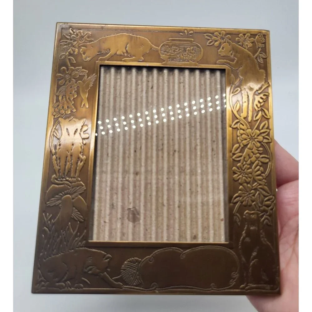 Vintage Brass Photo Frame Cats Mushrooms Floral Art Nouveau 3