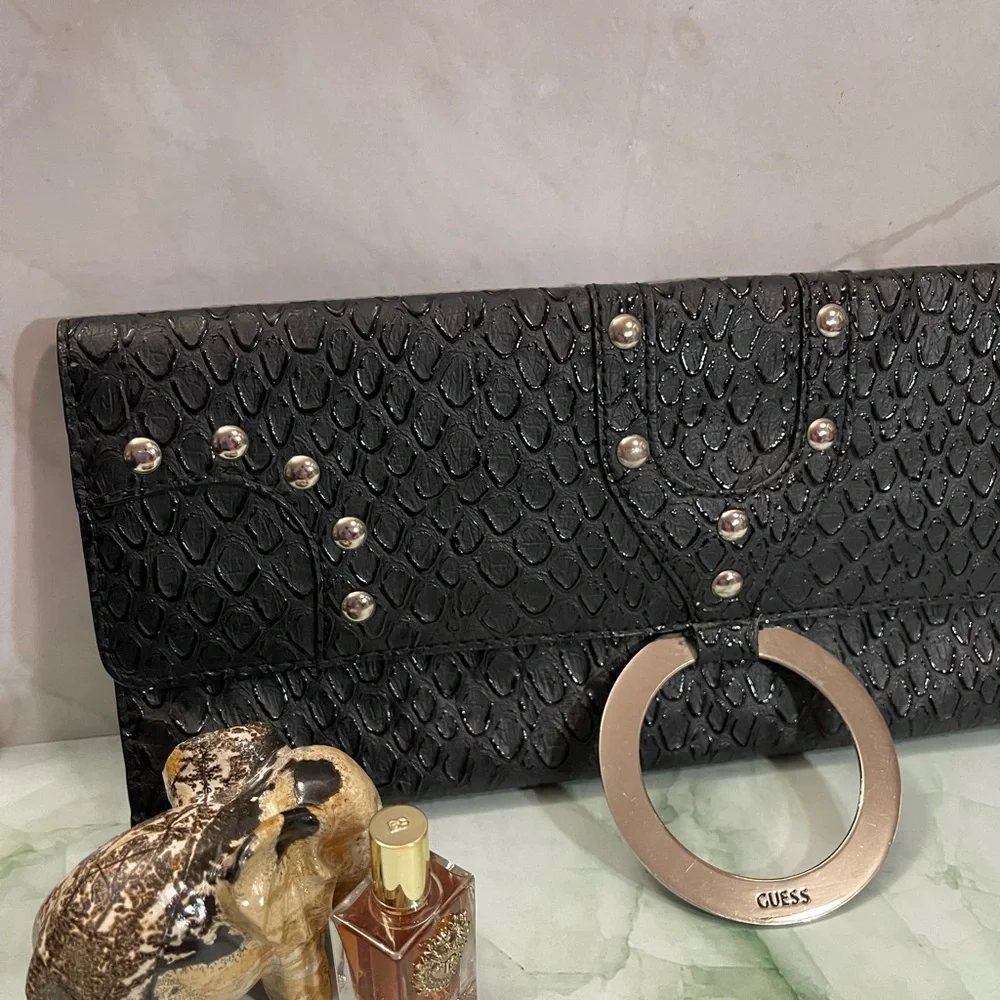 Guess Vintage Black Snake Skin Envelope Clutch Purse Y2K