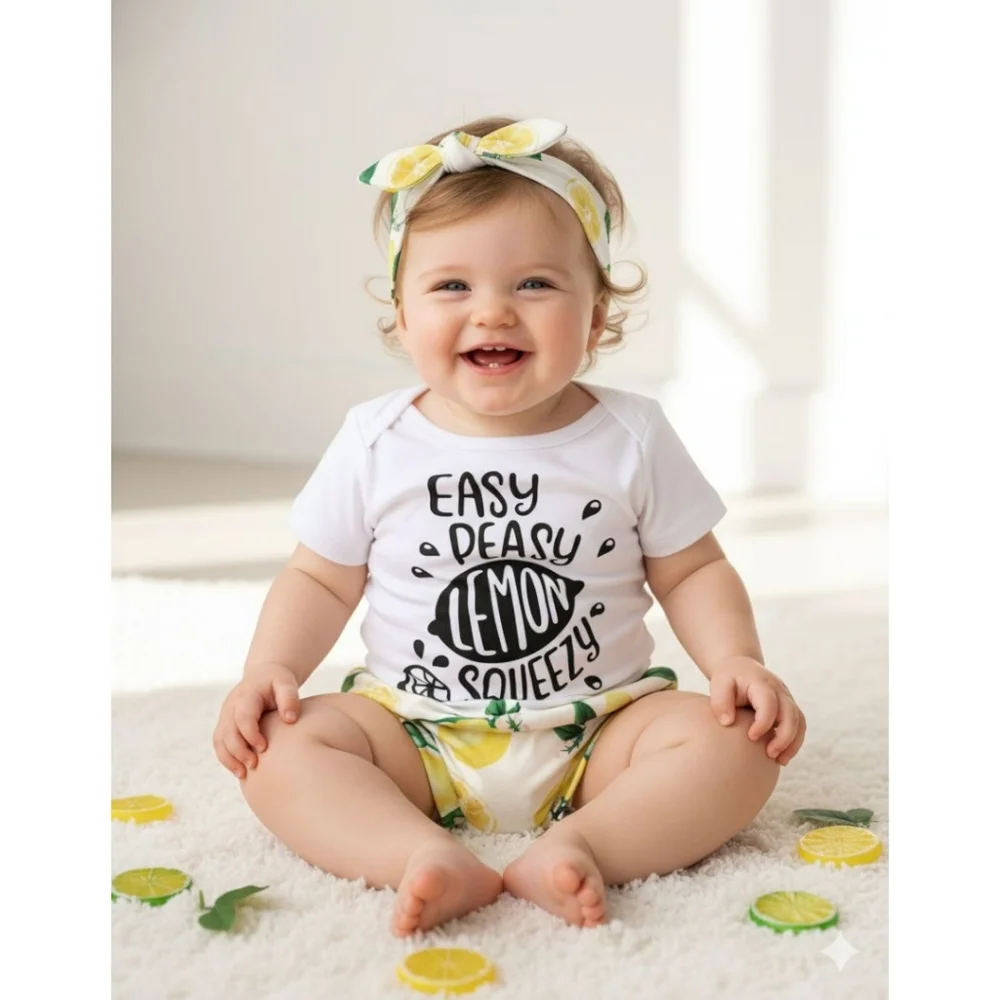 Easy Peasy Lemon Squeezy Toddler Girl Outfit Set Lemon Print Bummies Graphic Tee