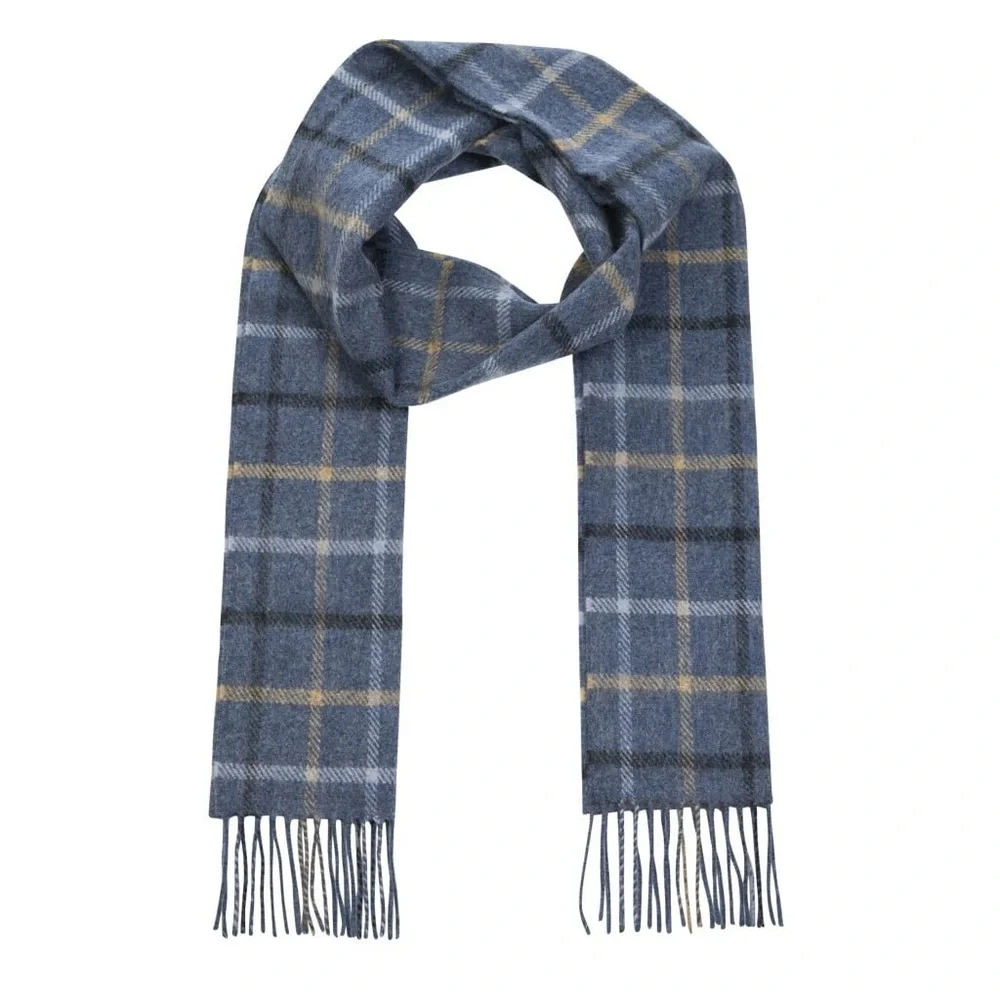 NWT Irish Lambswool Scarf Short Grey Beige Blue Black Overcheck Plaid