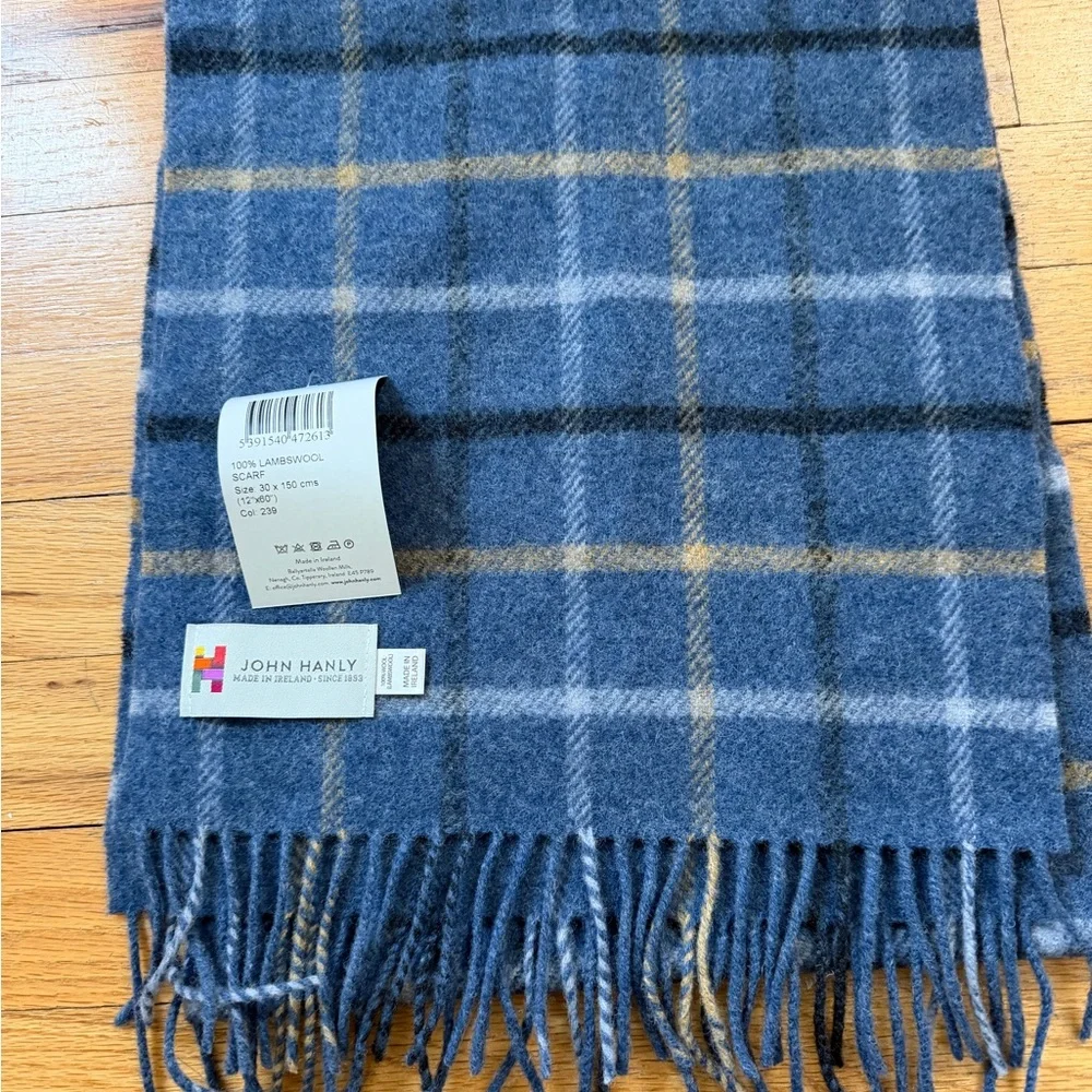 NWT Irish Lambswool Scarf Short Grey Beige Blue Black Overcheck Plaid
