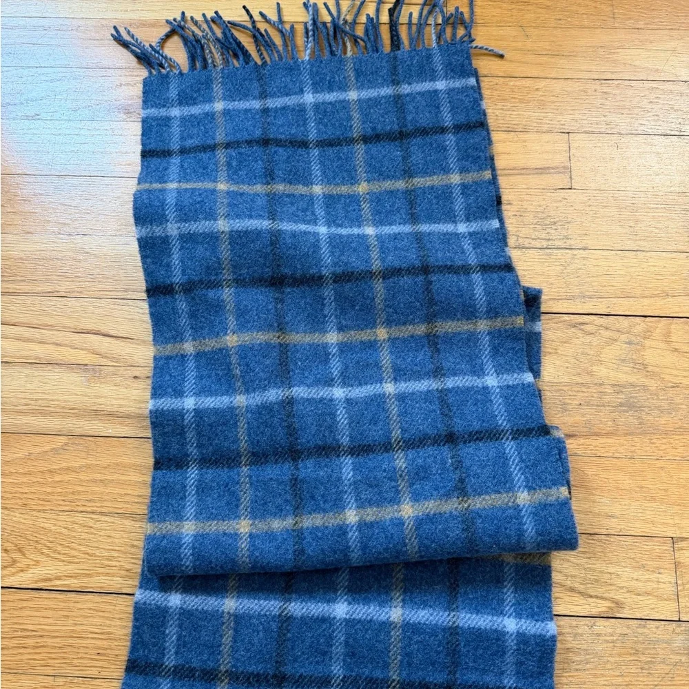 NWT Irish Lambswool Scarf Short Grey Beige Blue Black Overcheck Plaid