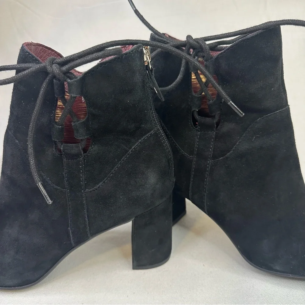 Black Suede Ankle Boots Block Heel Lace Back Zip Booties Size 7.5M Leather Upper