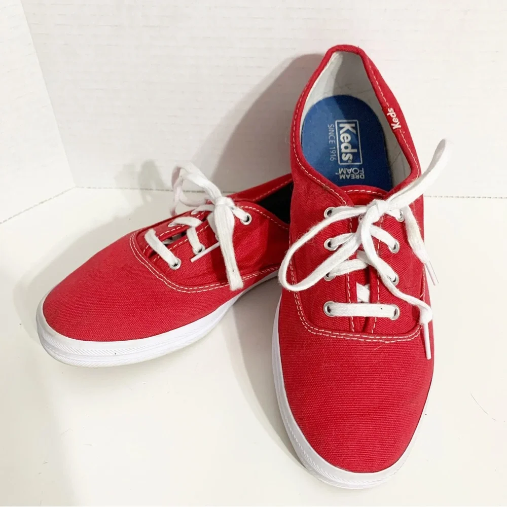 Keds Classic Champion Canvas Lace Up Sneakers White Outsoles and Soles Red 🟥