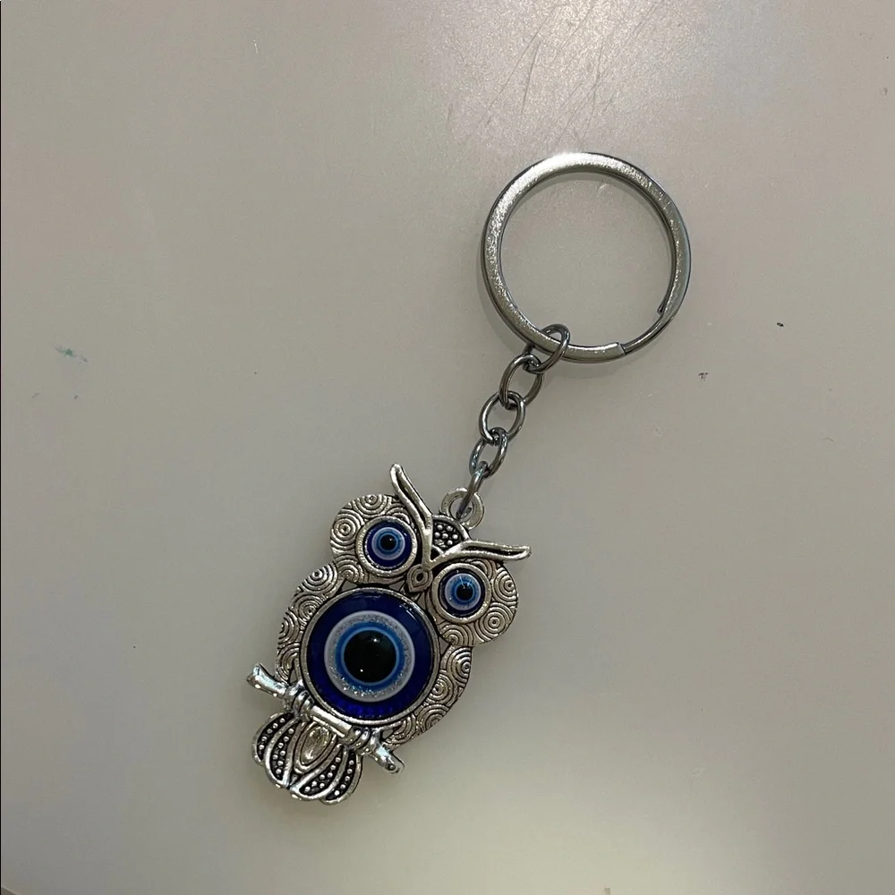 NEW Silver and Blue Turkish Eye Owl Keychain