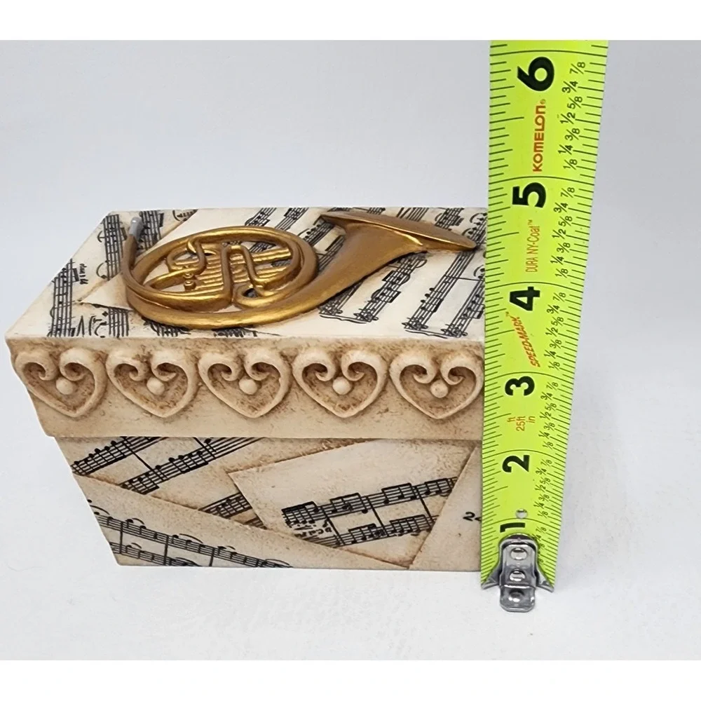 2004 Roman Inc. Trinket Jewelry Music Box French Horn Music Notes Theme 4.75x3
