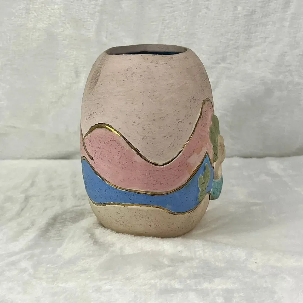 Southwestern Desert Scene Pottery Vase Cactus Sunset Relief Painted 5.5 Handmade