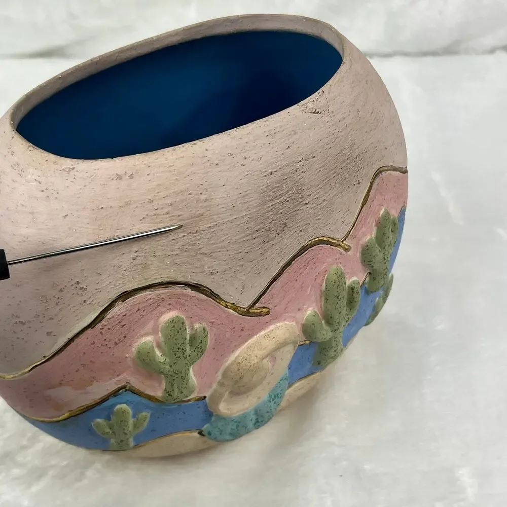 Southwestern Desert Scene Pottery Vase Cactus Sunset Relief Painted 5.5 Handmade