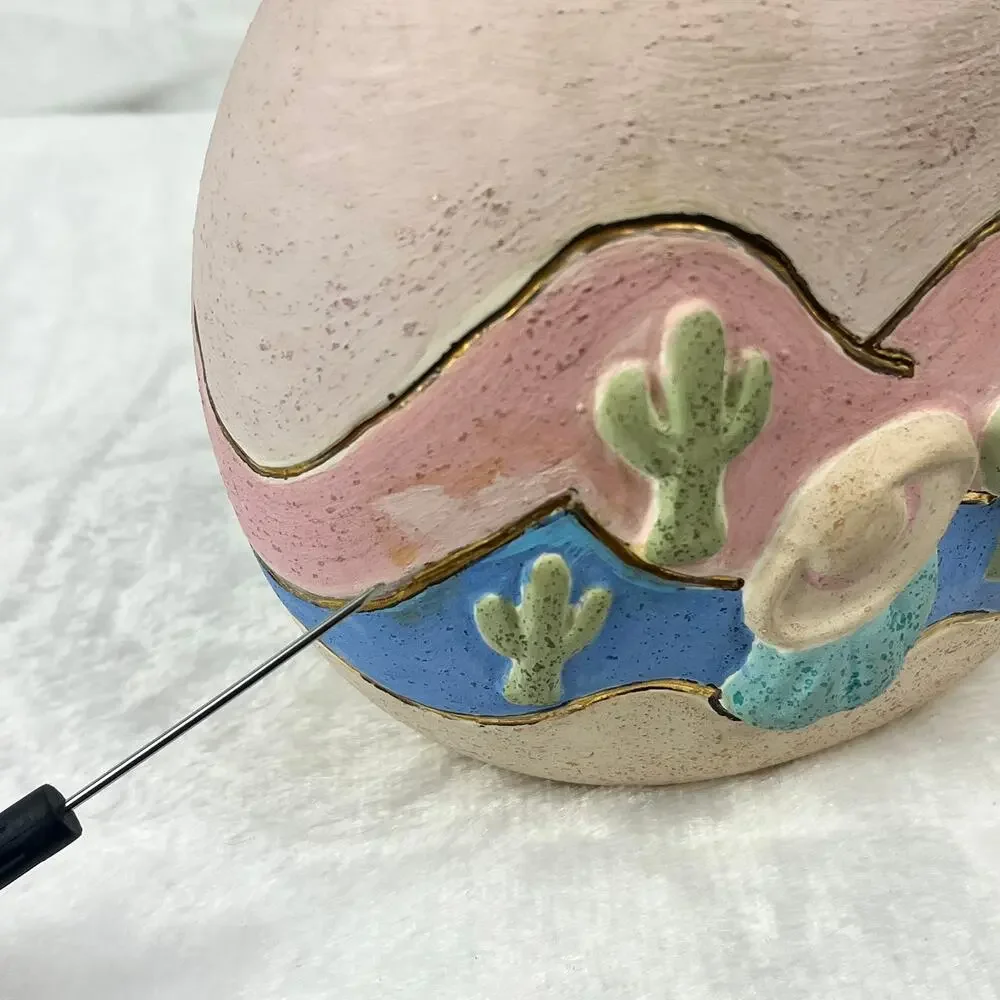 Southwestern Desert Scene Pottery Vase Cactus Sunset Relief Painted 5.5 Handmade