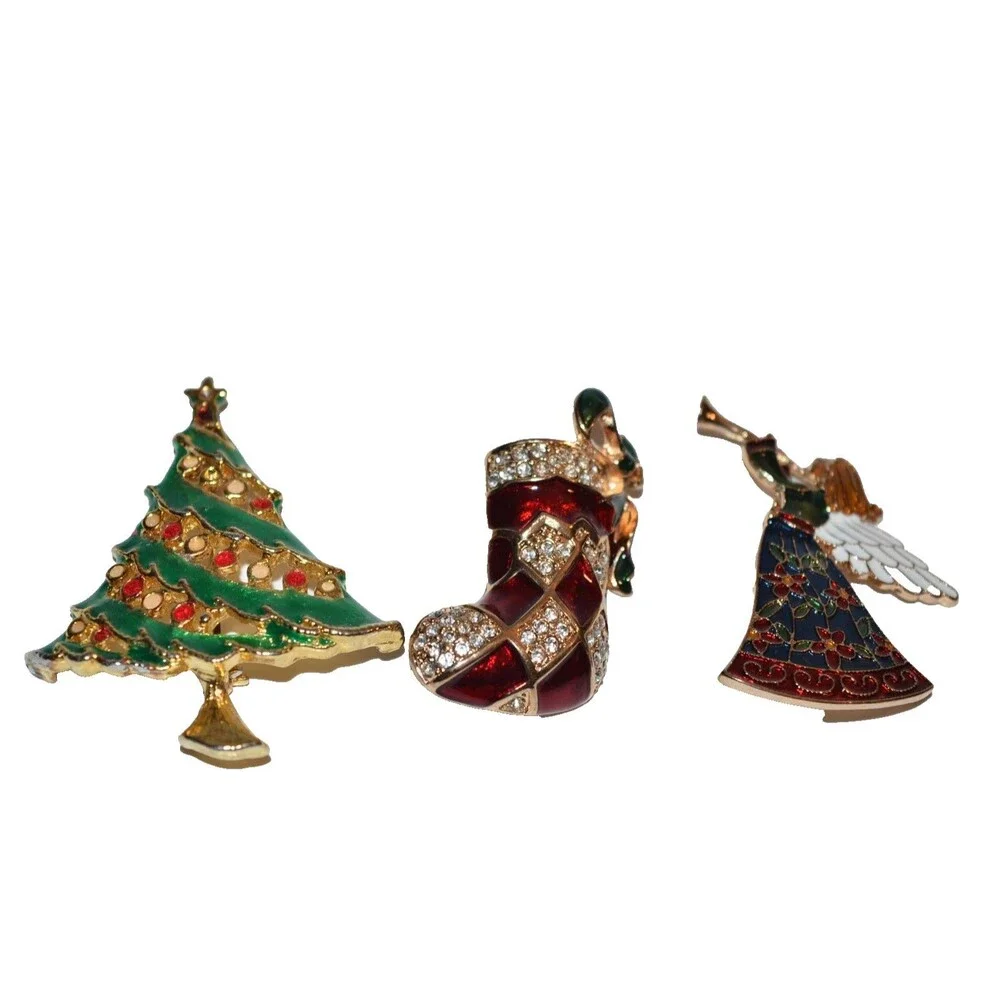 Vtg Stauer Christmas‎ Brooch Angel & stocking Pin lot + Christmas Tree
