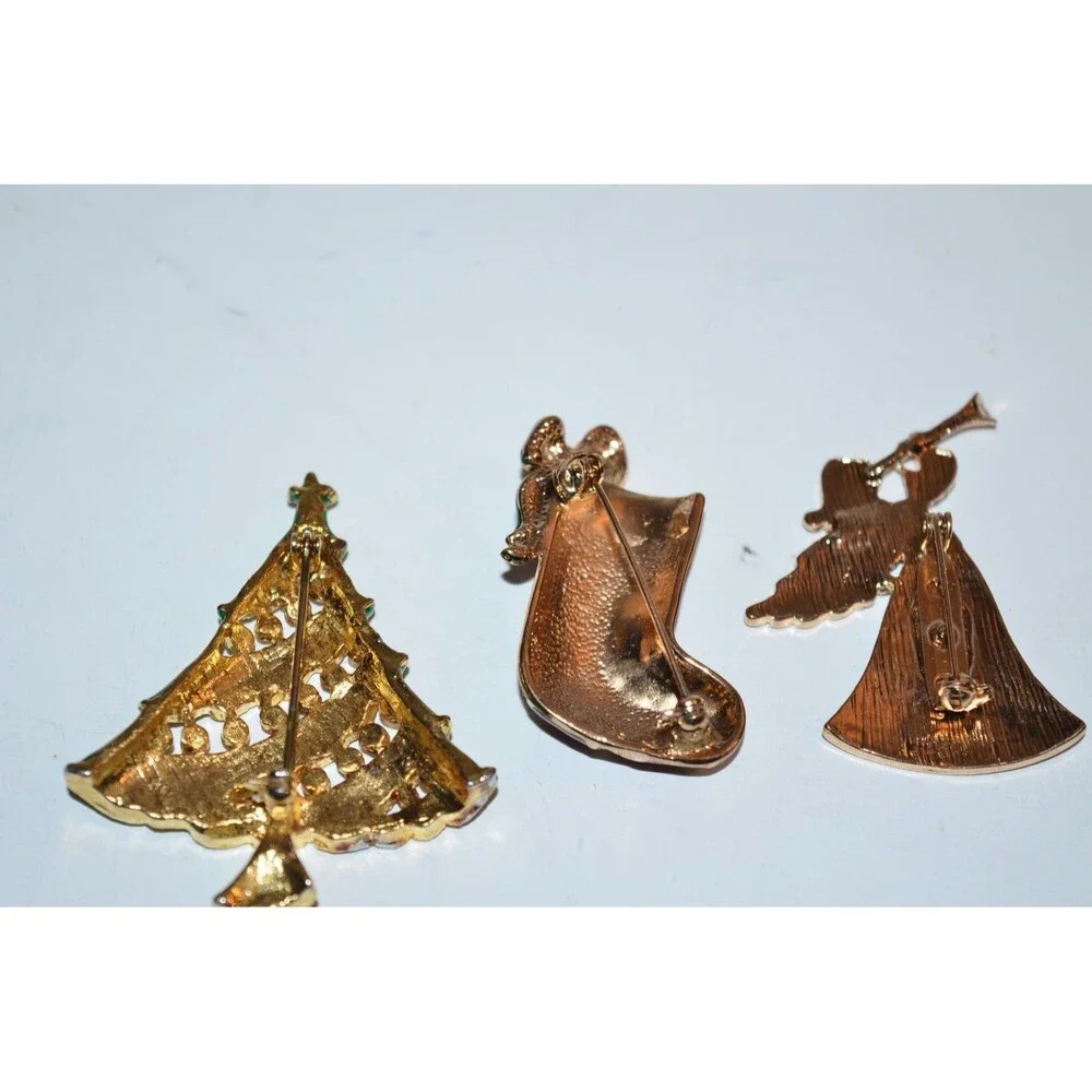 Vtg Stauer Christmas‎ Brooch Angel & stocking Pin lot + Christmas Tree