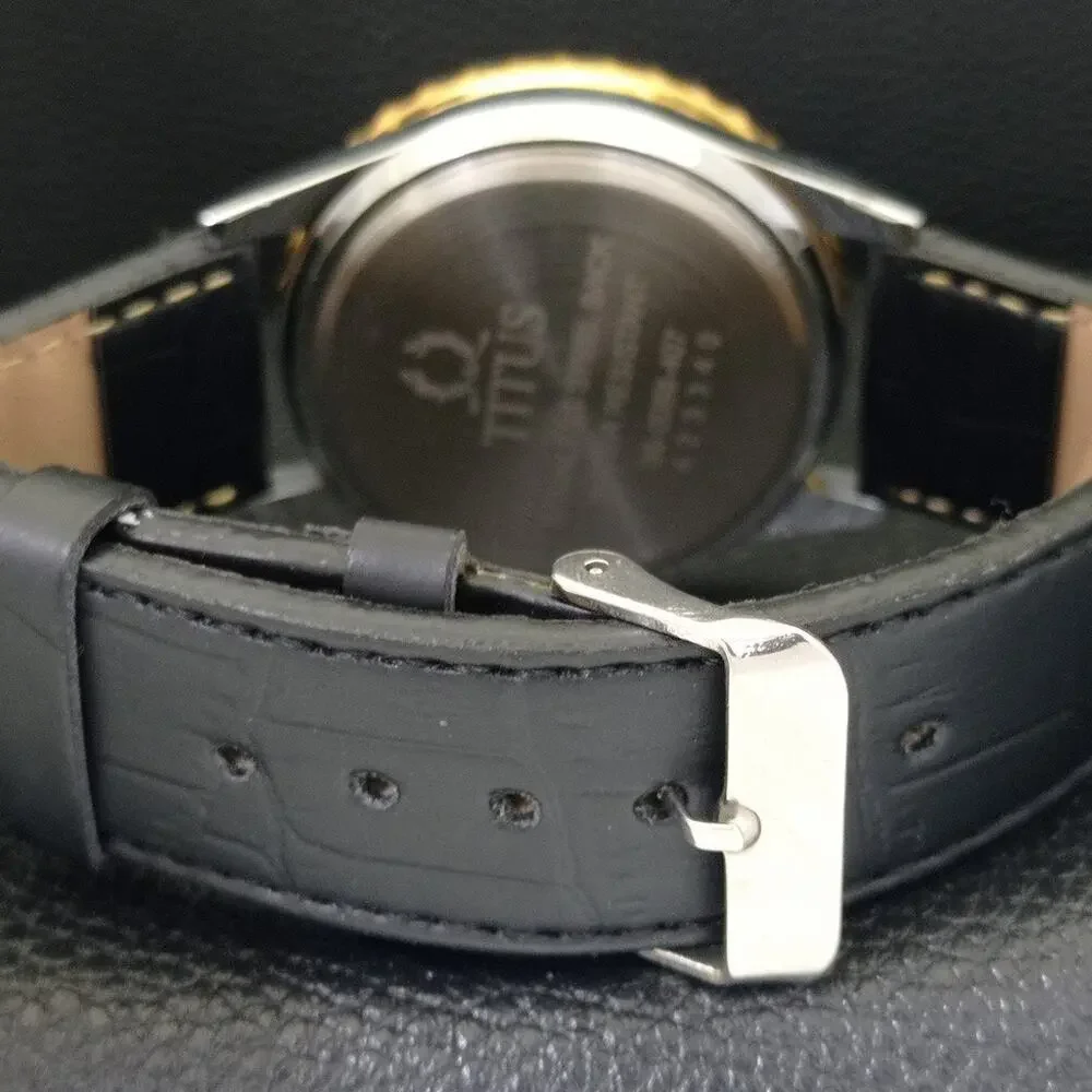Vintage 1974 Titus Manual Mens Silver Watch W/Leather Strap & Gold accents