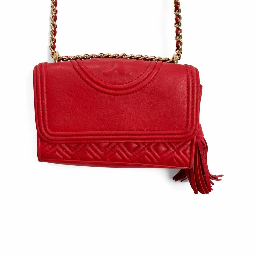 Tory Burch Micro Fleming Convertible Crossbody Bag Red Leather Chain Strap